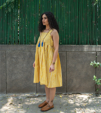 Stripes Hana Dress Yellow | Harkoi Studio - A reflection of sustainable luxury, the Stripes Hana, a sustainable- crafted with precision and care. Keywords: stripes, hana, dress, yellow, sustainable yellow, eco-friendly fashion, dress.