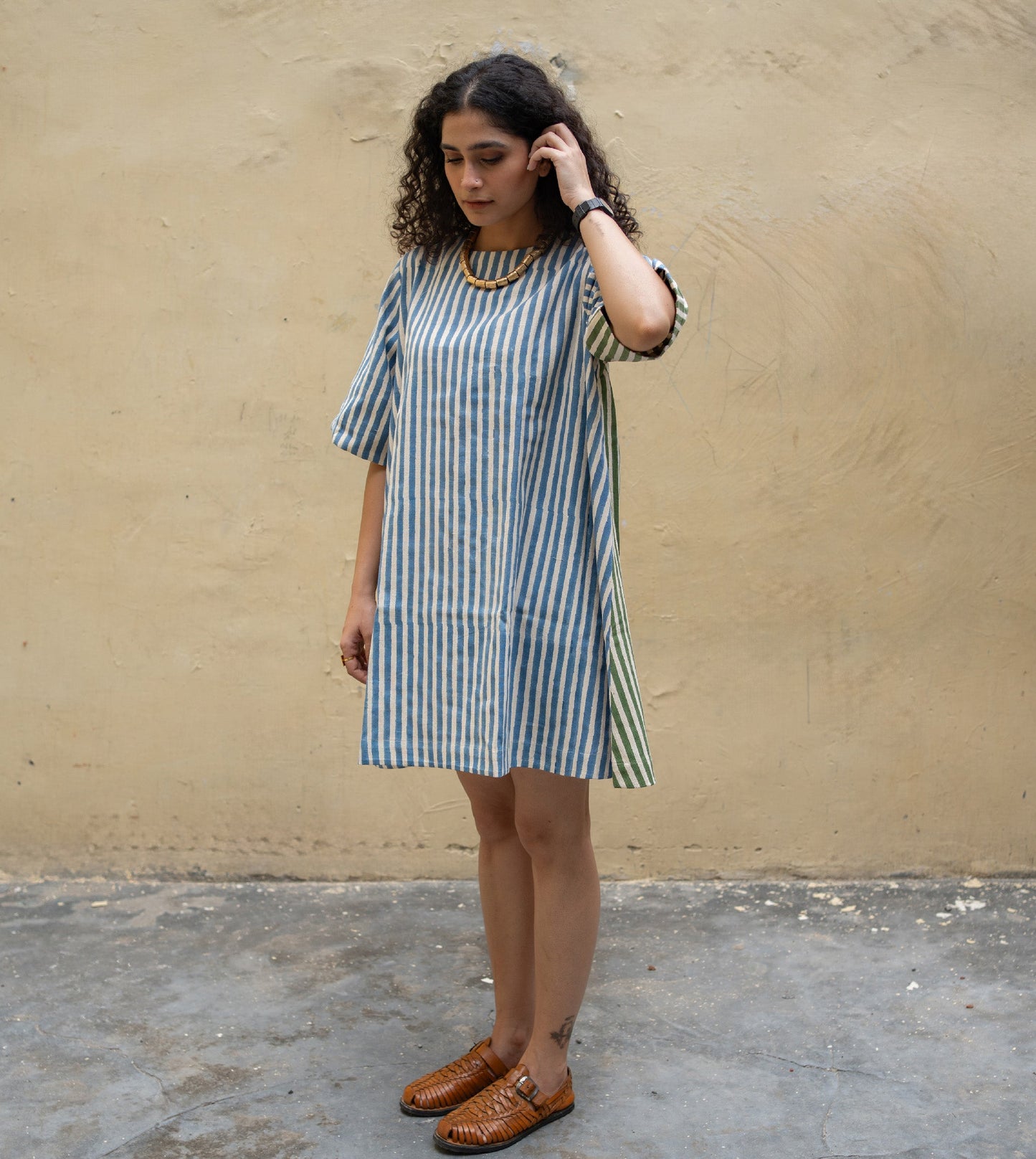 Dual Stripe Simple Dress Blue Green - Harkoi Studio - Effortlessly chic and sustainable Ÿ?? the Dual Stripe Simple Dress in blue & green is ethically crafted for conscious fashion lovers. Keywords: sustainable dress, eco-friendly clothing, dual stripe dress, blue and green dress, ethical fashion.