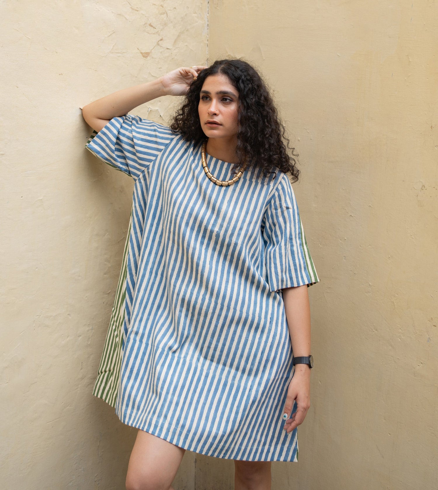 Dual Stripe Simple Dress Blue Green - Harkoi Studio - Effortlessly chic and sustainable Ÿ?? the Dual Stripe Simple Dress in blue & green is ethically crafted for conscious fashion lovers. Keywords: sustainable dress, eco-friendly clothing, dual stripe dress, blue and green dress, ethical fashion.