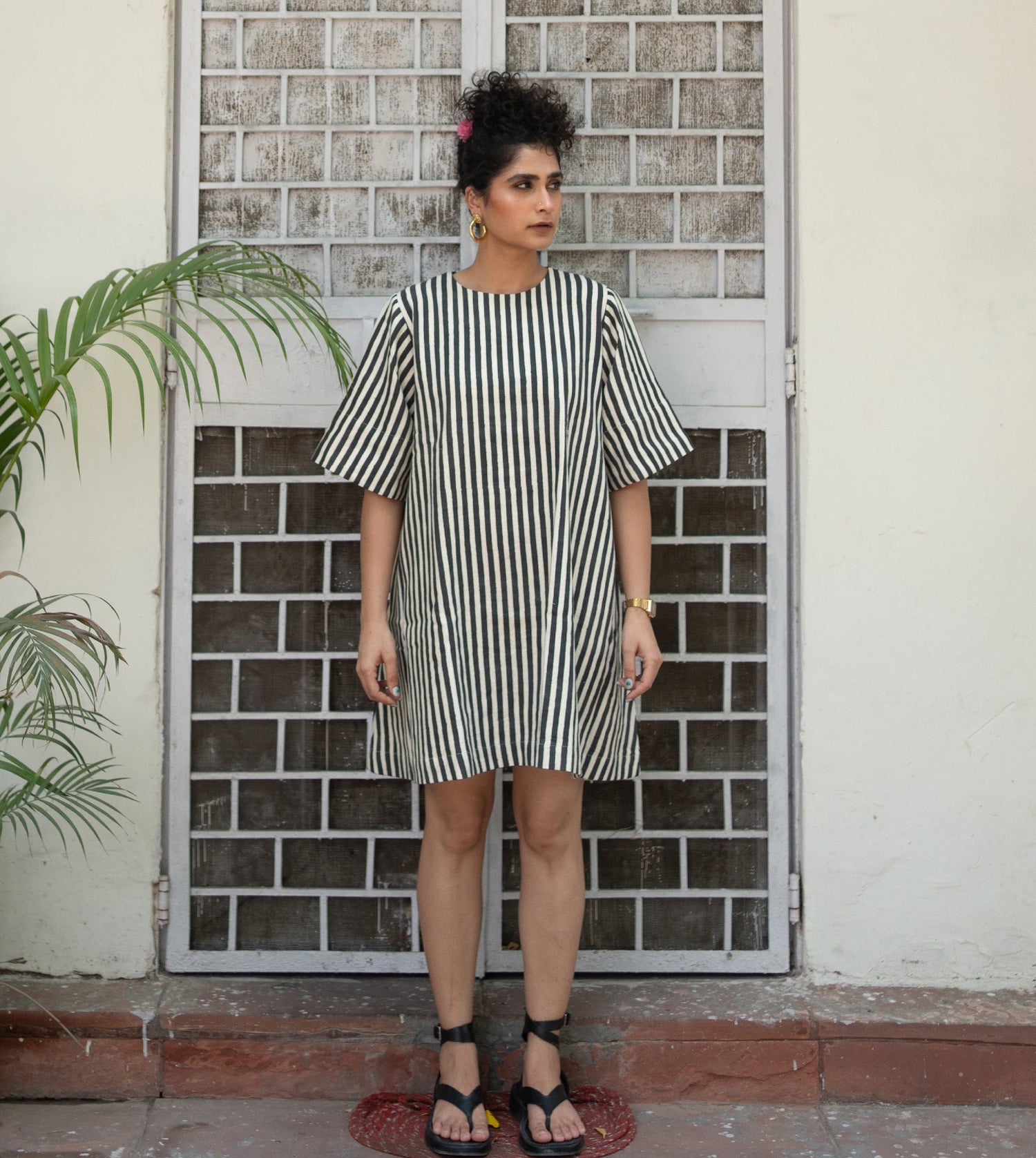 Striped Simple Dress Black | Harkoi Studio - Elevate your style with the Striped Simple Dress in black. Keywords: sustainable dress, eco-friendly fashion, striped dress, black dress, ethical clothing.