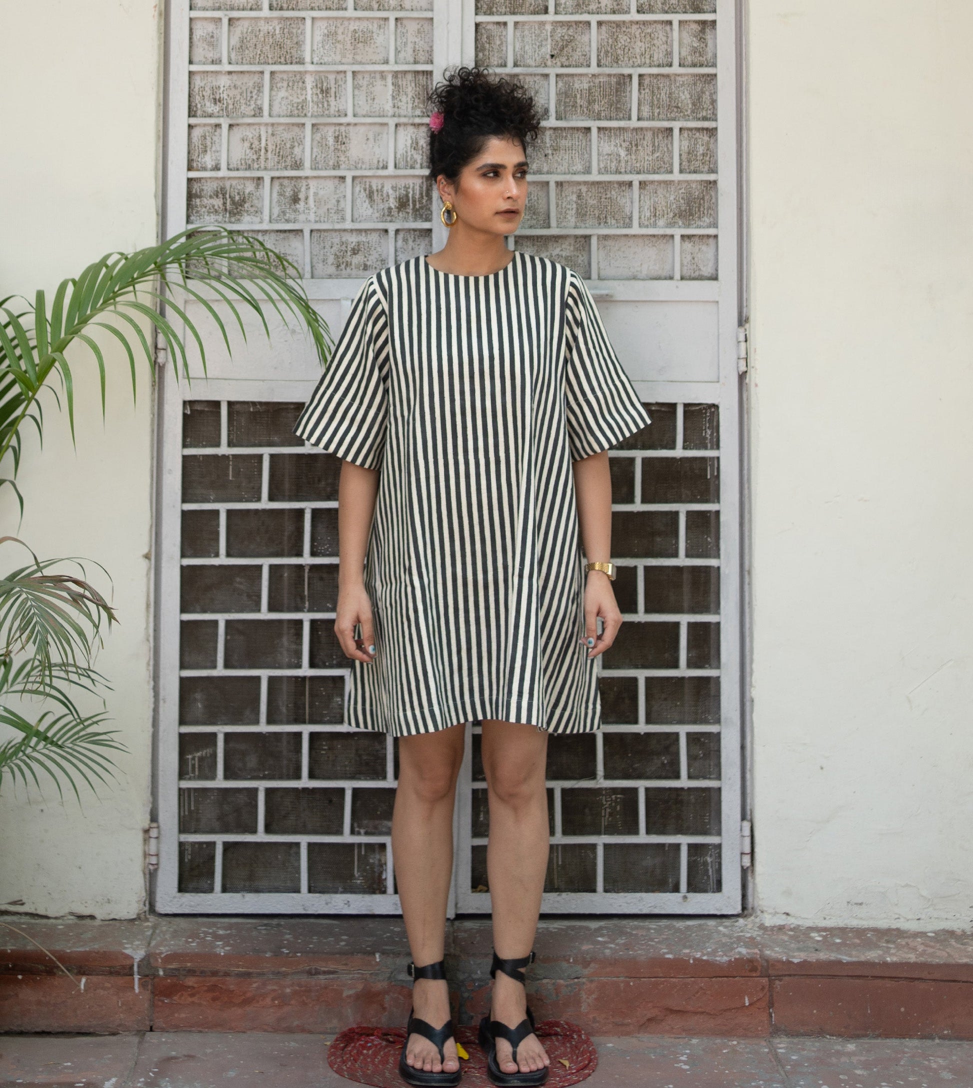 Striped Simple Dress Black | Harkoi Studio - Elevate your style with the Striped Simple Dress in black. Keywords: sustainable dress, eco-friendly fashion, striped dress, black dress, ethical clothing.