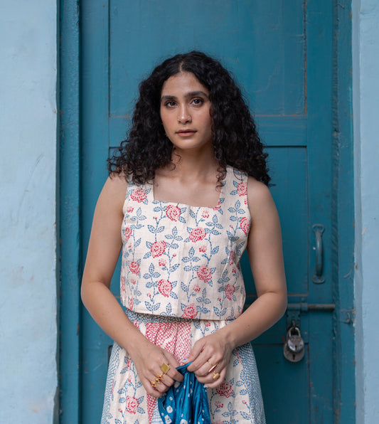 Rose Mosaic Mei Top Pink Blue | Harkoi Studio - Impeccably tailored for comfort and elegance, the Rose Mosaic, a sustainable- with precision and care. Keywords: rose, mosaic, mei, top, pink, blue, sustainable blue, eco-friendly fashion, mei top pink.