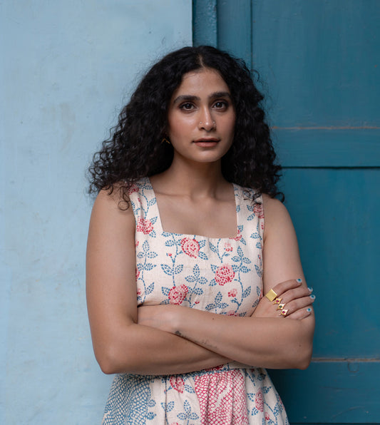 Rose Mosaic Mei Top Pink Blue | Harkoi Studio - Impeccably tailored for comfort and elegance, the Rose Mosaic, a sustainable- with precision and care. Keywords: rose, mosaic, mei, top, pink, blue, sustainable blue, eco-friendly fashion, mei top pink.