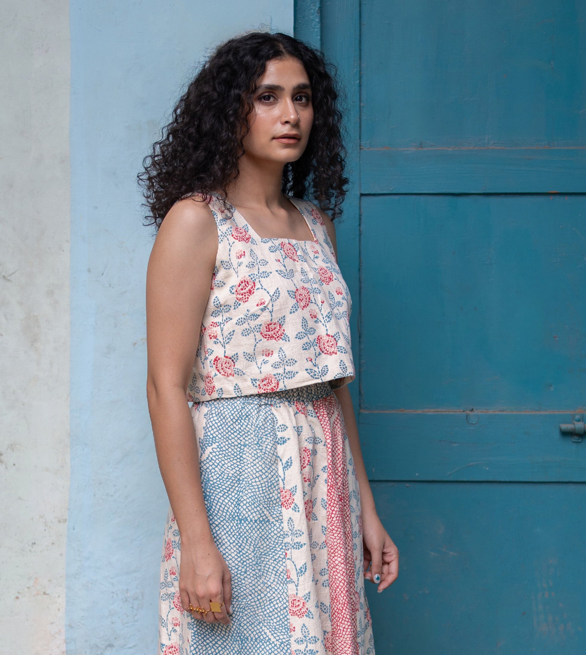 Rose Mosaic Mei Top Pink Blue | Harkoi Studio - Impeccably tailored for comfort and elegance, the Rose Mosaic, a sustainable- with precision and care. Keywords: rose, mosaic, mei, top, pink, blue, sustainable blue, eco-friendly fashion, mei top pink.