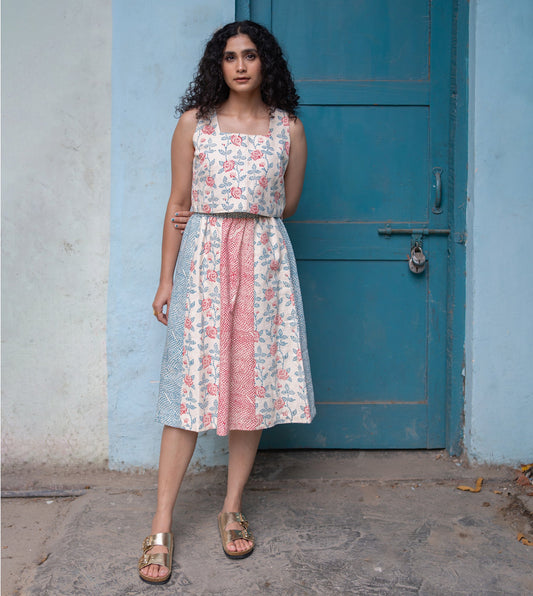 Rose Mosaic Yoko Skirt Pink Blue | Harkoi Studio - Turn heads with the Rose Mosaic Yoko Skirt in pink & blue. Keywords: sustainable skirt, eco-friendly fashion, Rose Mosaic Yoko Skirt, pink & blue skirt, ethical clothing.