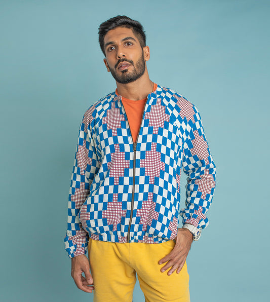 Check on Check Kaoru Jacket - Harkoi Studio - Elevate your wardrobe with the Check-on-Check Kaoru Reversible Jacket in cobalt. Keywords: sustainable jacket, eco-friendly fashion, reversible jacket, check-on-check jacket, cobalt blue outerwear, ethical clothing.